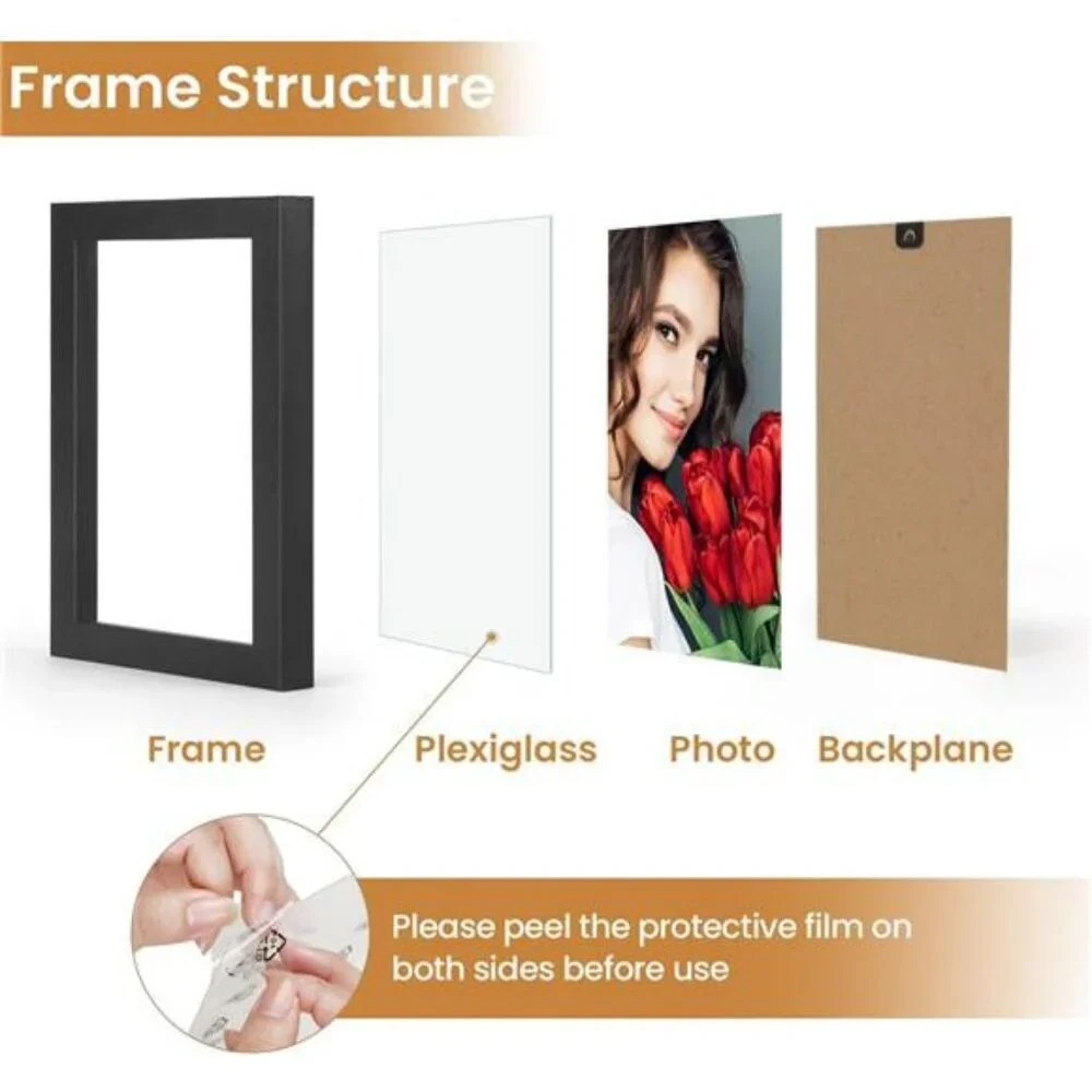 Black wood 4x6 picture frame set of 2 tabletop or wall photo display with plexig